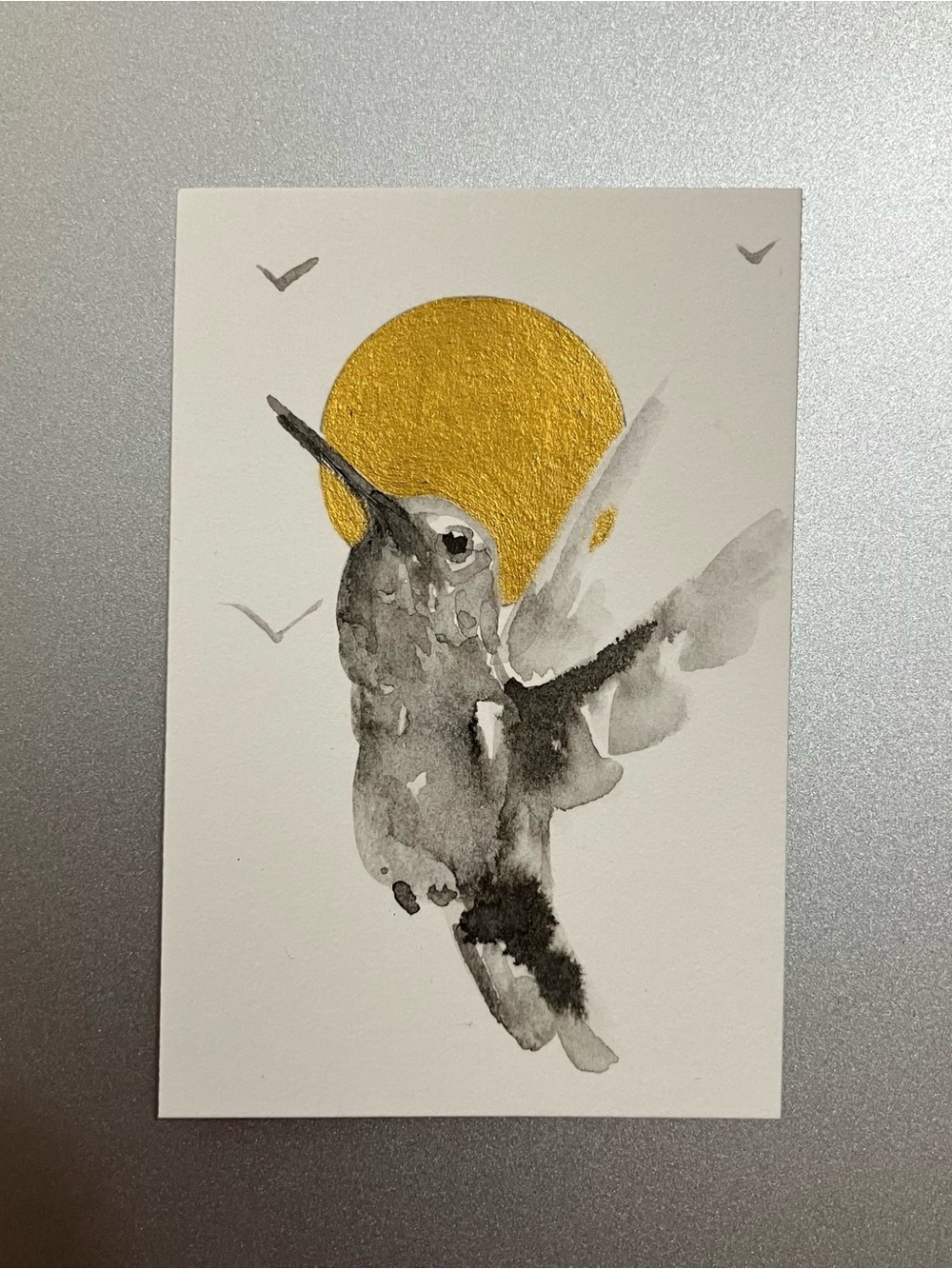 Original hummingbird painting miniature realism art sumi-e style artwork